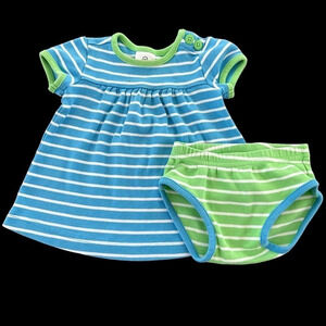 Hanna Andersson Baby Girls size 60 Cotton‎ Striped dress set Green Blue 2 piece